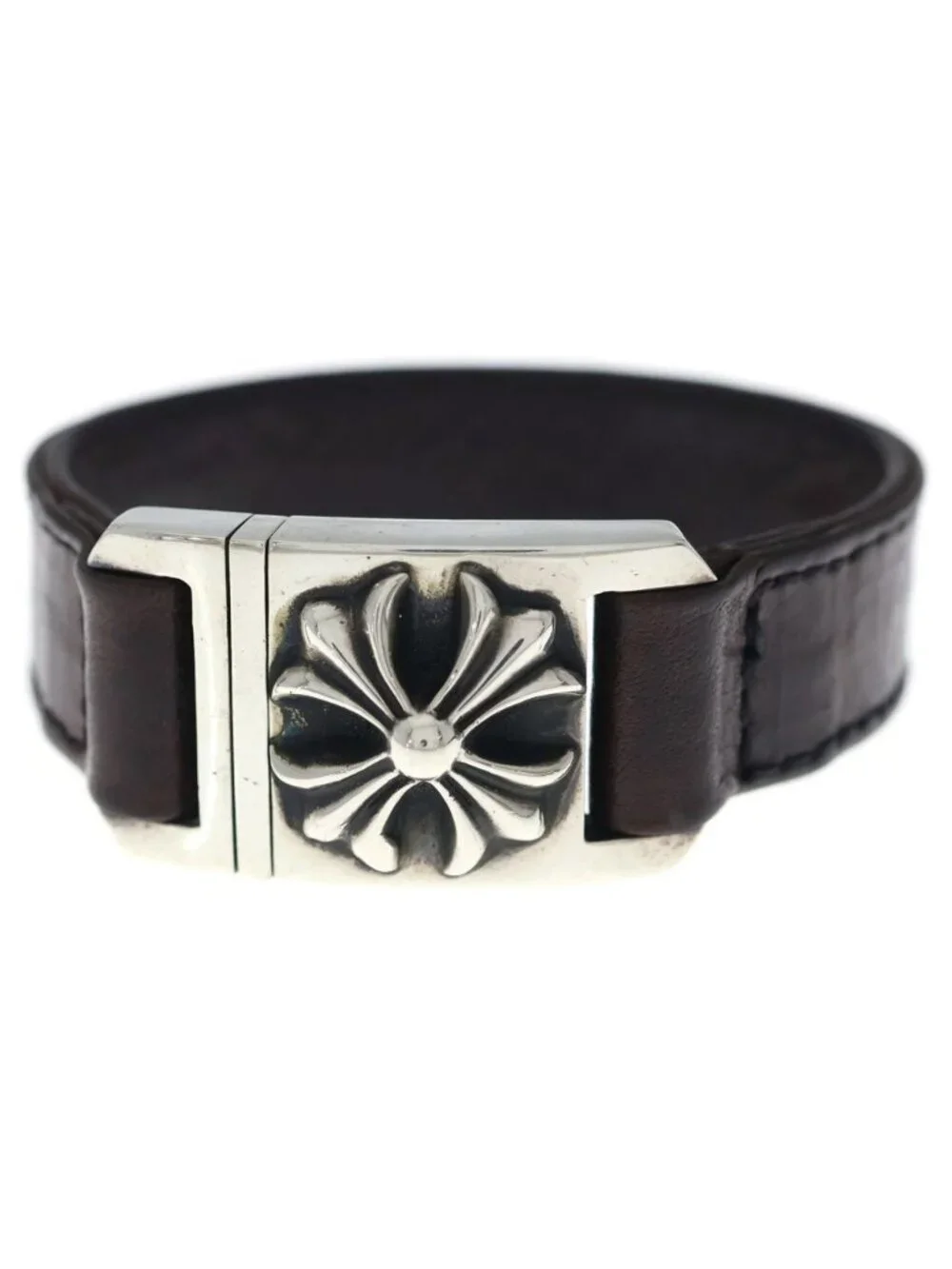 Chrome Hearts Harness Cross Box Leather Bracelet Silver Brown